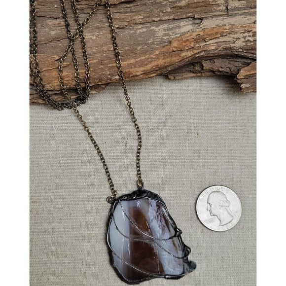 Vintage Doubled sided Stained Glass Artisan Necklace Pendant Greens Blues Amber - Picture 4 of 7